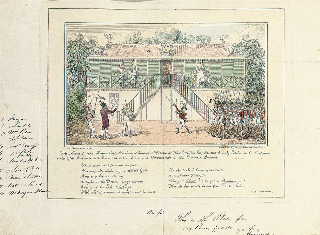 القبض على جون مورغان ، إسق ، ميرشانت ، سنغافورة ، أكتوبر 1824 ، بواسطة جون كروفورد إسق ، مقيم ، طبيب سابق في خدمة الشركات ، سفير متأخر للمحكمة ، بانكوك ، سيام ، وأومرابورا ، إمبراطورية بورما ، مايو 1827 بواسطة إسحاق روبرت كروكشانك