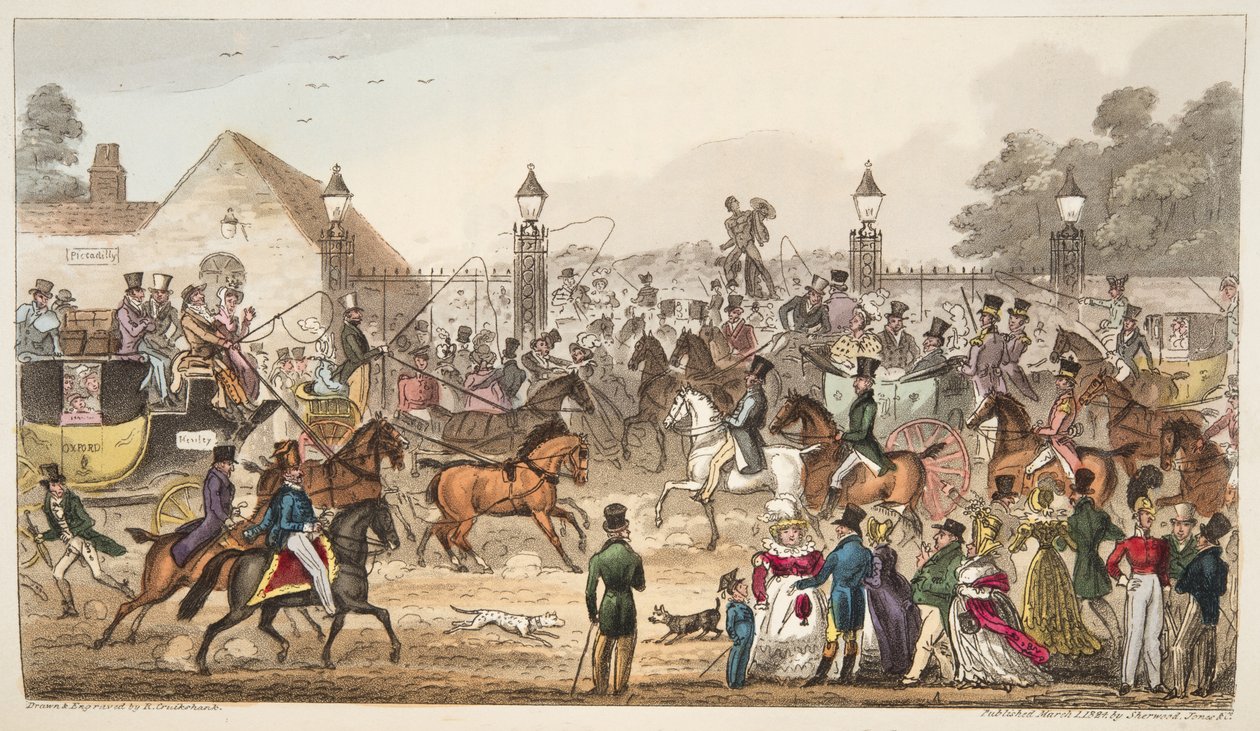 الوصول ، أو المدخل الغربي إلى كوكني لاند ، من الجاسوس الإنجليزي المنشور عام 1824 ، (النقش اليدوي) بواسطة إسحاق روبرت كروكشانك