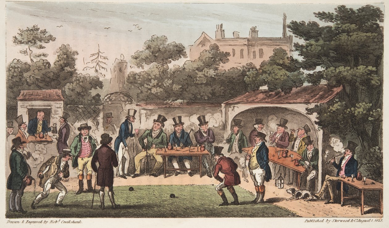 The Bowling Alley، Worcester، or Characters of the Hand and Glove Club، from The English Spy، London London، 1824 (نقش ملون باليد) بواسطة إسحاق روبرت كروكشانك