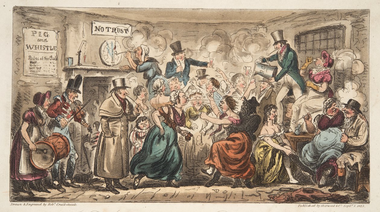 The Buff Club at the Pig and Whistle، Avon Street، Bath، from The English Spy، pub. لندن ، 1824 (النقش اليدوي) بواسطة إسحاق روبرت كروكشانك