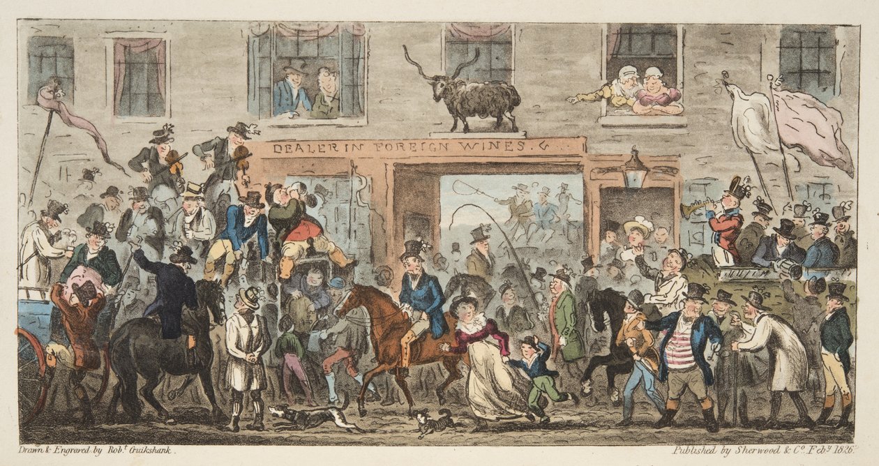 موكب الكوميديا من الجاسوس الانجليزي ، حانة. 1824 (النقش اليدوي) غلوستر إلى بيركلي ، من The English Spy ، حانة. 1824 (نقش يدوي) بواسطة إسحاق روبرت كروكشانك