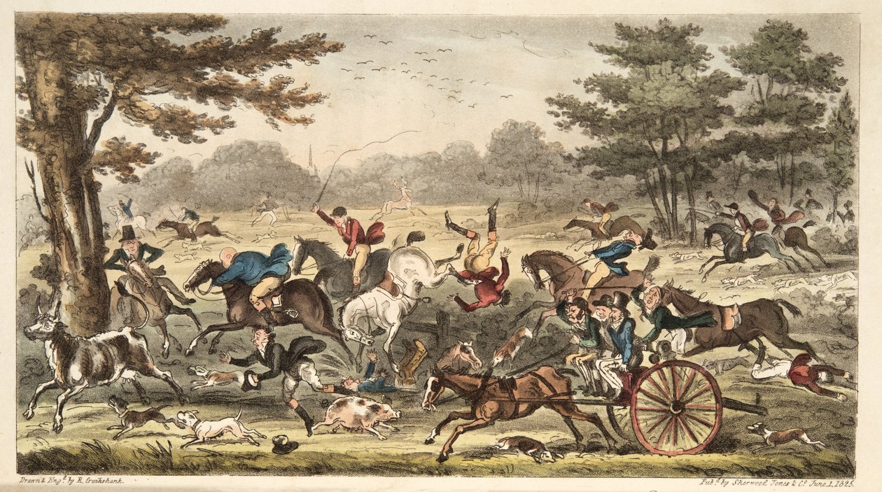 The Epping Hunt أو Comney Comicsities في مطاردة كاملة ، من The English Spy ، pub. 1824 (نقش يدوي) بواسطة إسحاق روبرت كروكشانك