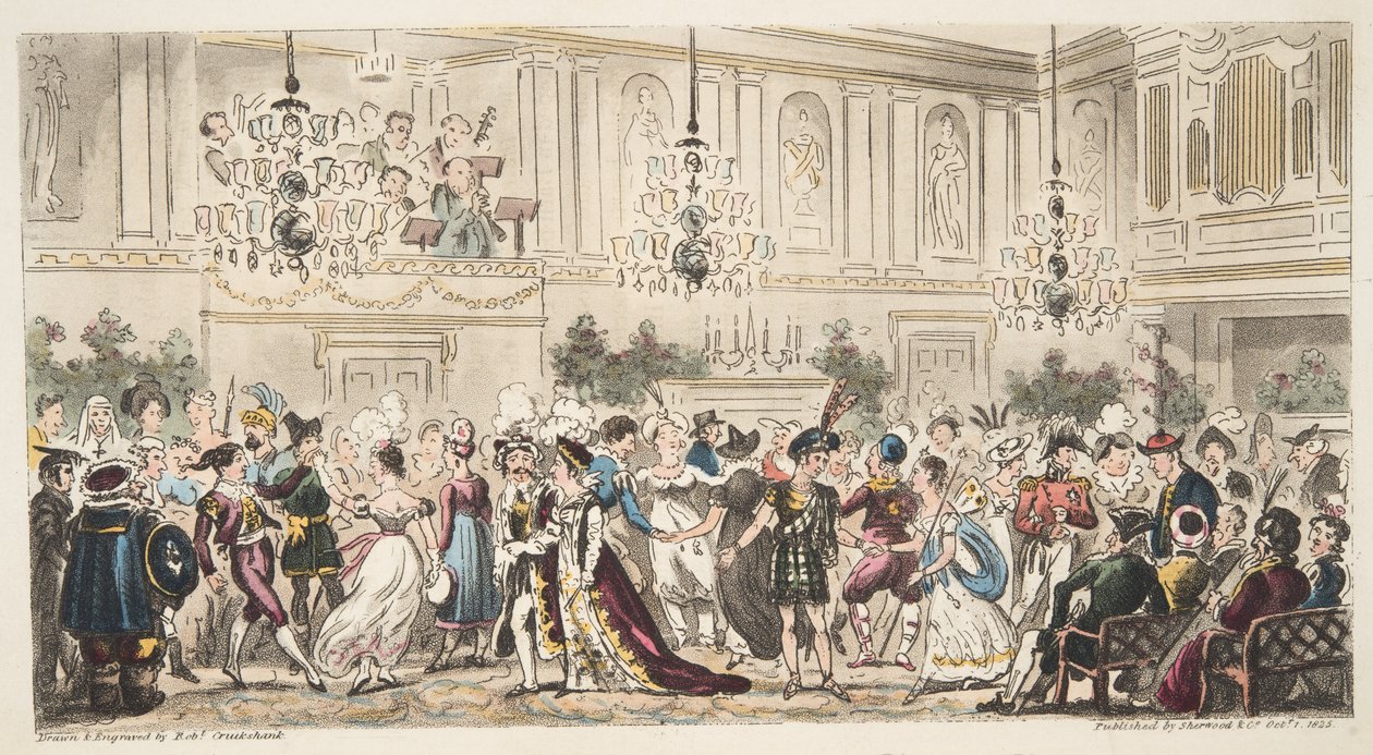 The Fancy Ball at the Upper Rooms، Bath، from The English Spy ، تم نشره في لندن ، 1824 بواسطة إسحاق روبرت كروكشانك