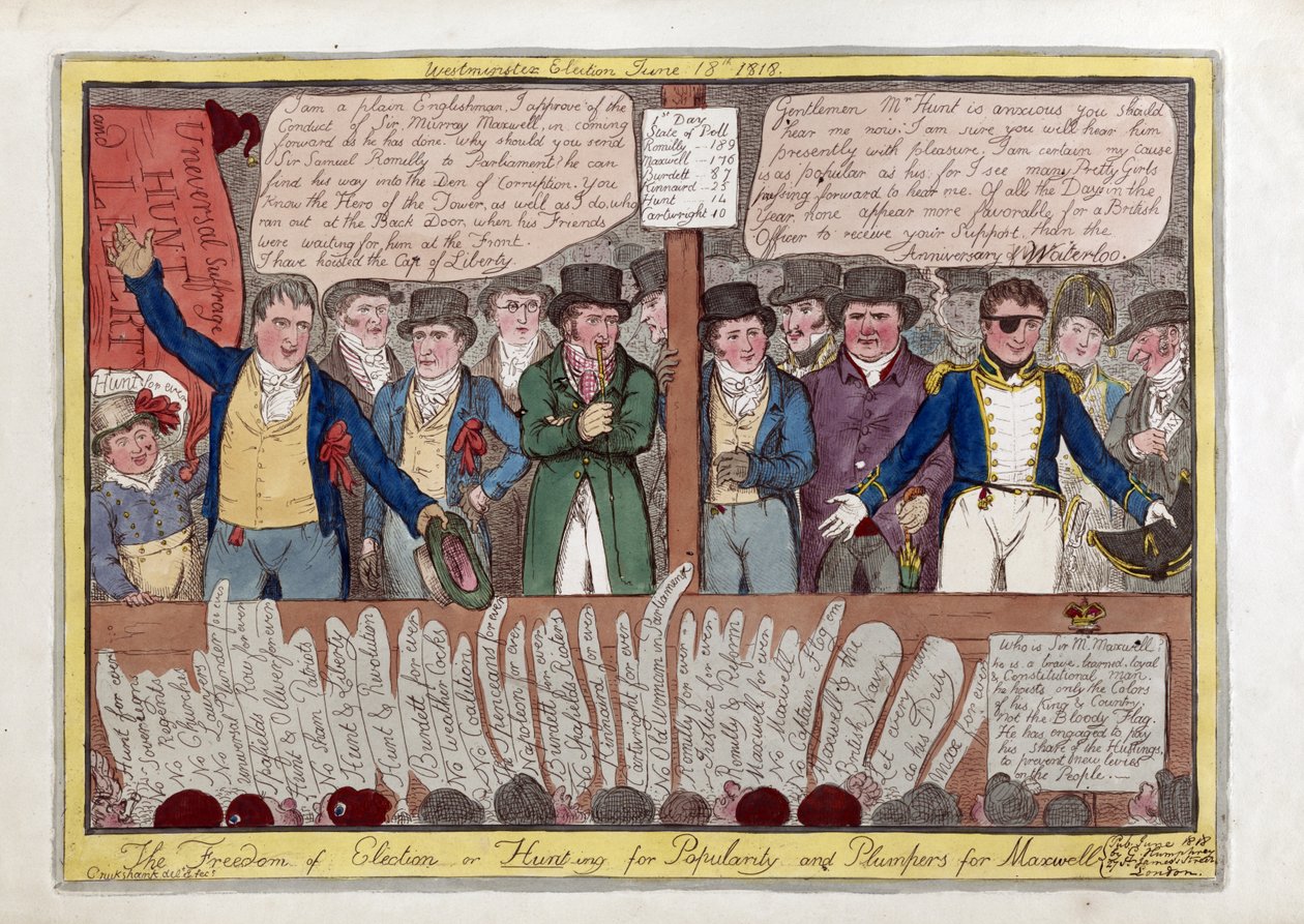 الحرية في الانتخابات أو الصيد من أجل الشعبية والسمك ل Maxwell ، حانة. همفري ، 1818 (نقش يدوي) بواسطة إسحاق روبرت كروكشانك