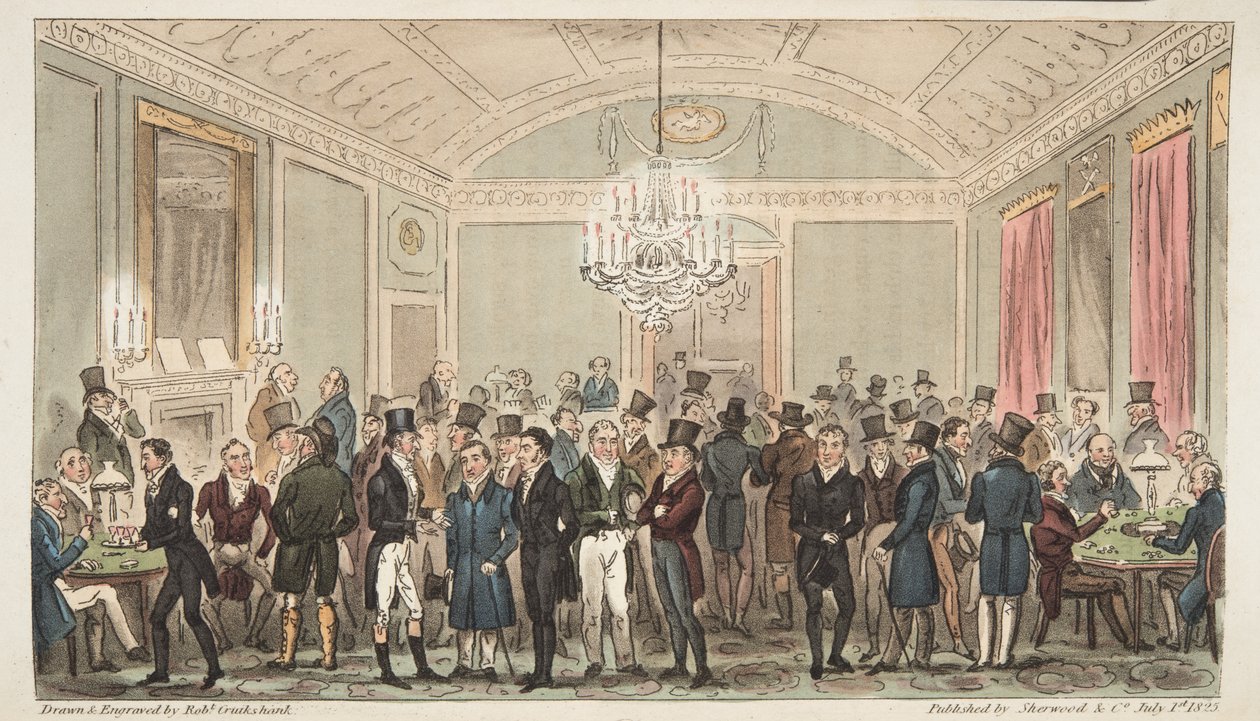 غرفة الاشتراك الكبرى في بروكس ، من The English Spy ، حانة. 1824 (نقش يدوي) بواسطة إسحاق روبرت كروكشانك