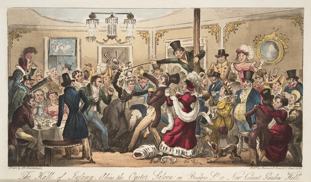 The Hall of Infamy ، المعروف باسم Oyster Saloon في Brydges-Street أو New Covent Garden Hell ، من The English Spy ، حانة. 1824 (نقش يدوي) بواسطة إسحاق روبرت كروكشانك