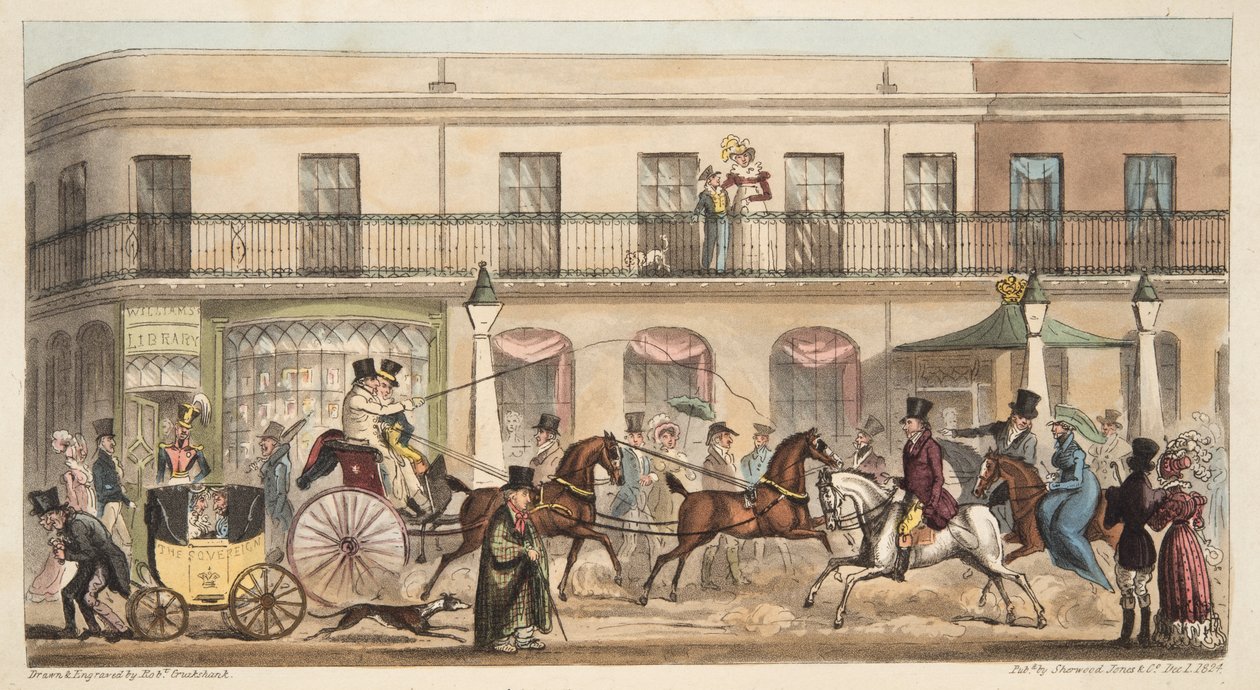 هاي ستريت ، شلتنهام ، من The English Spy ، حانة. 1824 (نقش يدوي) بواسطة إسحاق روبرت كروكشانك