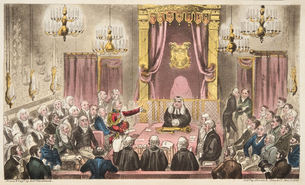 مجلس اللوردات في مناظرة عالية ، من The English Spy ، حانة. 1824 (نقش يدوي) بواسطة إسحاق روبرت كروكشانك
