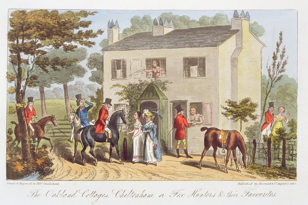 The Oakland Cottages أو Cheltenham أو Fox Hunters ومفضلاتهم ، من "The English Spy" ، بقلم تشارلز ويستماكوت ، نشر عام 1825 بواسطة إسحاق روبرت كروكشانك