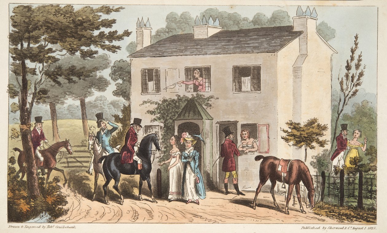 أكواخ أوكلاند ، شلتنهام ، أو فوكس هانترز والمفضلات الخاصة بهم ، من The English Spy ، حانة. 1824 (نقش يدوي) بواسطة إسحاق روبرت كروكشانك