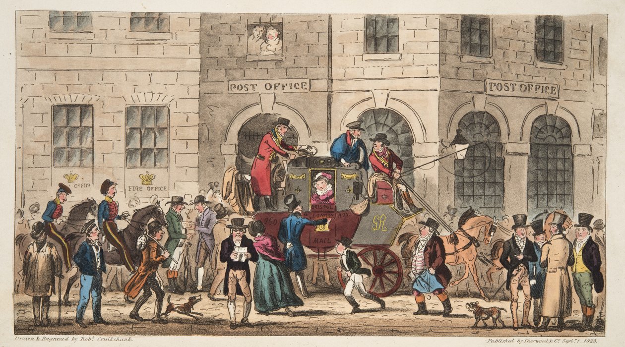 The Post Office Bristol ، وصول بريد لندن ، من The English Spy ، نشر لندن ، 1824 بواسطة إسحاق روبرت كروكشانك