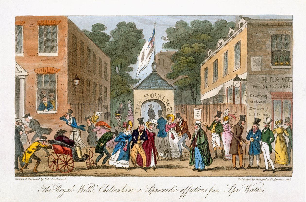 The Royal Wells أو Cheltenham أو Spasmodic العواطف من Spa Waters ، من `` The English Spy &39;&39; ، بقلم تشارلز مولوي ويستماكوت (1788-1868) نشر لندن ، 1825 بواسطة إسحاق روبرت كروكشانك