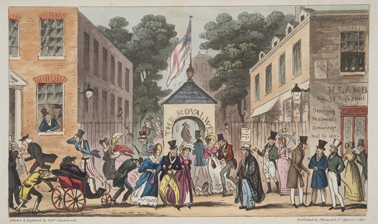 The Royal Wells أو Cheltenham أو التشنجات من Spa Waters ، من The English Spy ، حانة. 1824 (نقش يدوي) بواسطة إسحاق روبرت كروكشانك