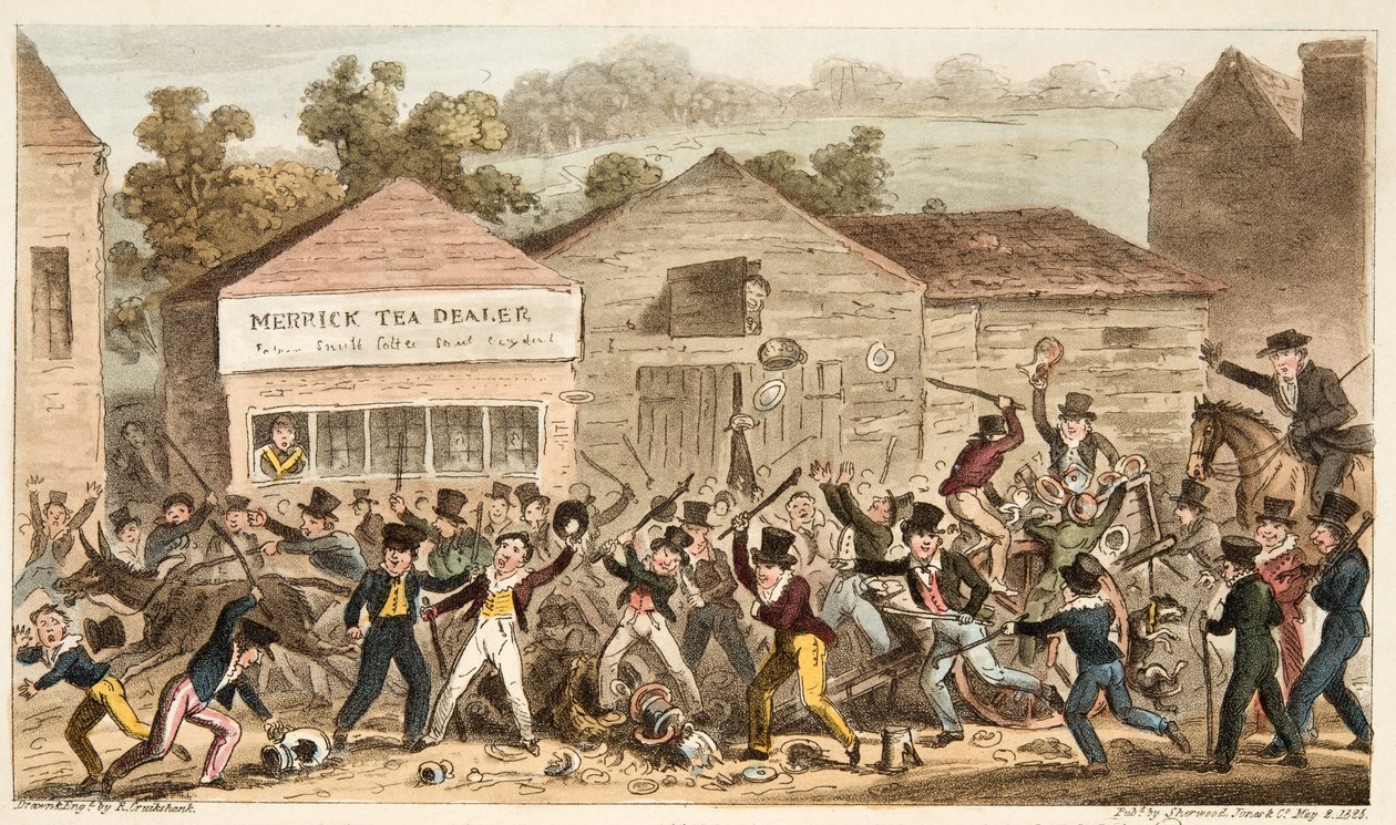 The Tea Pot Row في Harrow ، أو معركة Hog Lane ، من The English Spy ، حانة. 1824 (نقش يدوي) بواسطة إسحاق روبرت كروكشانك