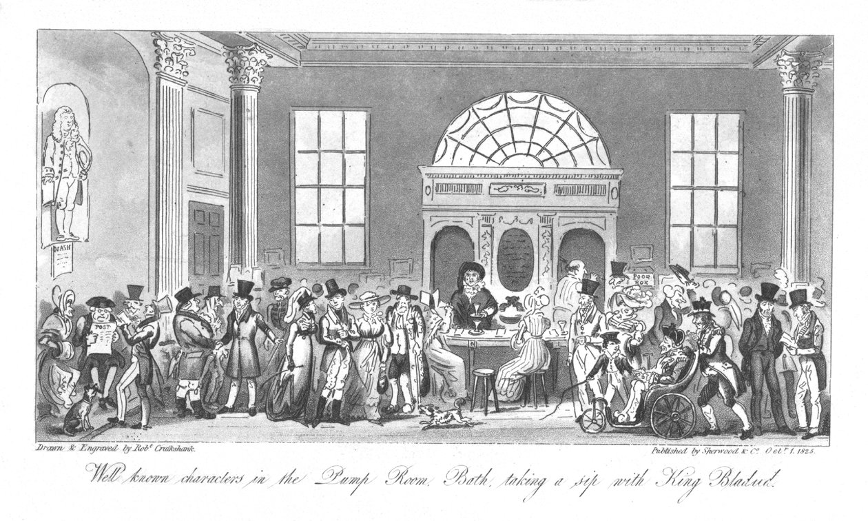 شخصيات معروفة في غرفة المضخة ، باث ، مع رشفة مع King Bladud ، 1825 بواسطة إسحاق روبرت كروكشانك