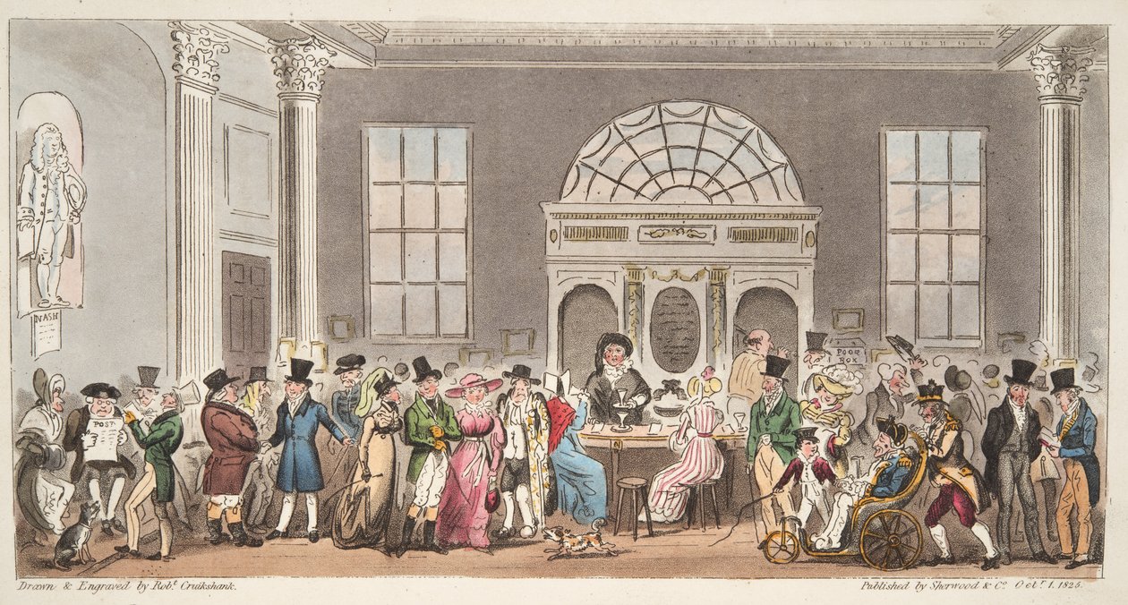 زوار مشهورون إلى Pump Room ، باث ، يأخذون رشفة مع King Bladud ، من The English Spy ، حانة. 1824 (نقش يدوي) بواسطة إسحاق روبرت كروكشانك