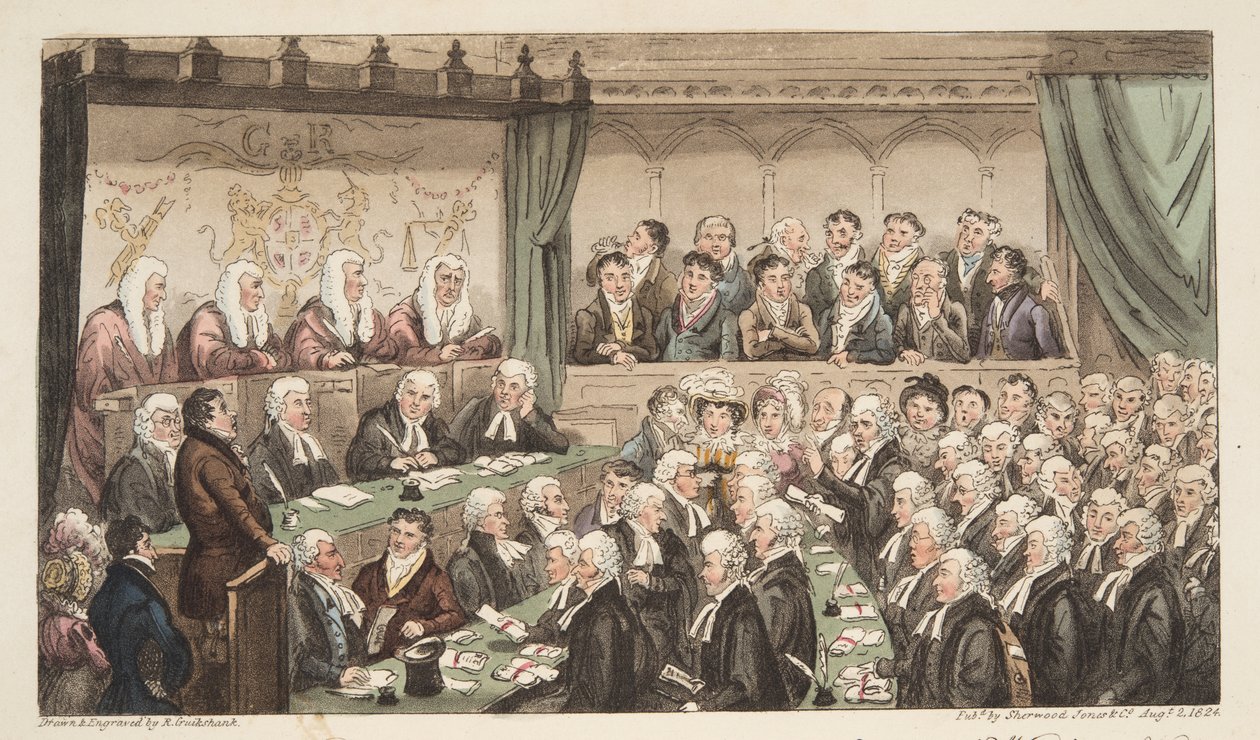 قاعة وستمنستر ، من The English Spy ، حانة. 1824 (نقش يدوي) بواسطة إسحاق روبرت كروكشانك