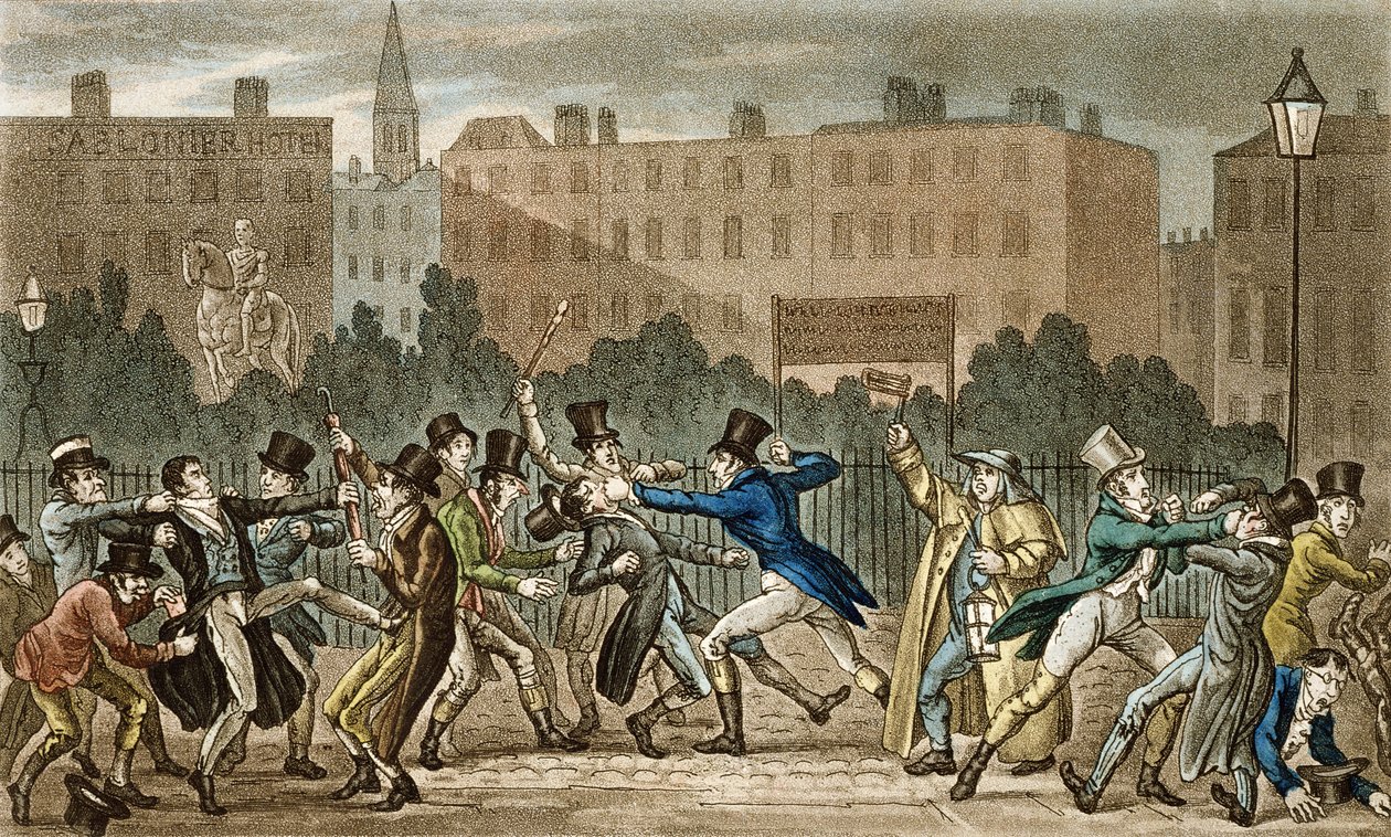 توم وجيري ولوجيك متورطون في قتال ليلي ، من "الحياة في لندن" بقلم بيرس إيجان (1772-1849) ، 1821-22 (ألوان مائية) بواسطة إسحاق وروبرت وجورج كروكشانك