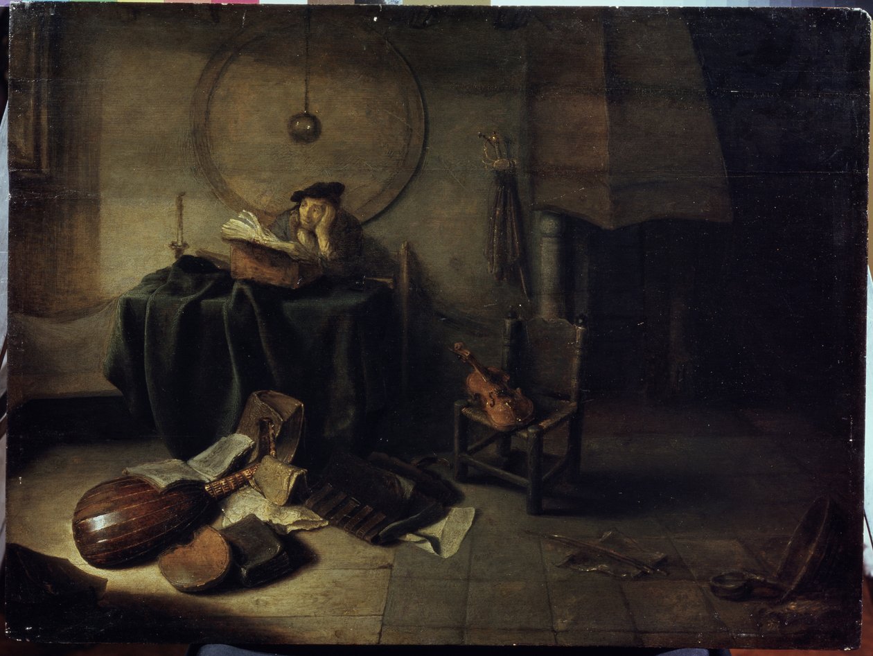 "Melancholy II" (Melancholy II (عالم في الاستوديو الخاص به)) رجل يدرس الموسيقى ، تعبير متأمل. اللوحة التي رسمها إسحاق دي جودرفيل (1613-1648) سيربوخوف ، متحف الدولة للتاريخ والفنون بواسطة إسحاق دو جودرفيل