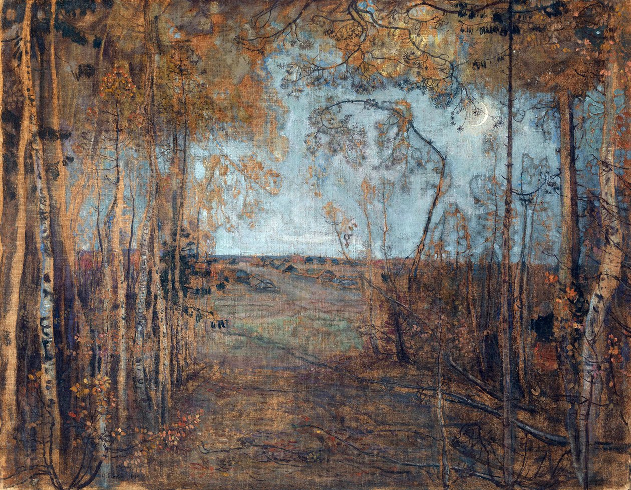 ""La nouvelle lune"" (The new moon) Paysage nocturne de bois Peinture d