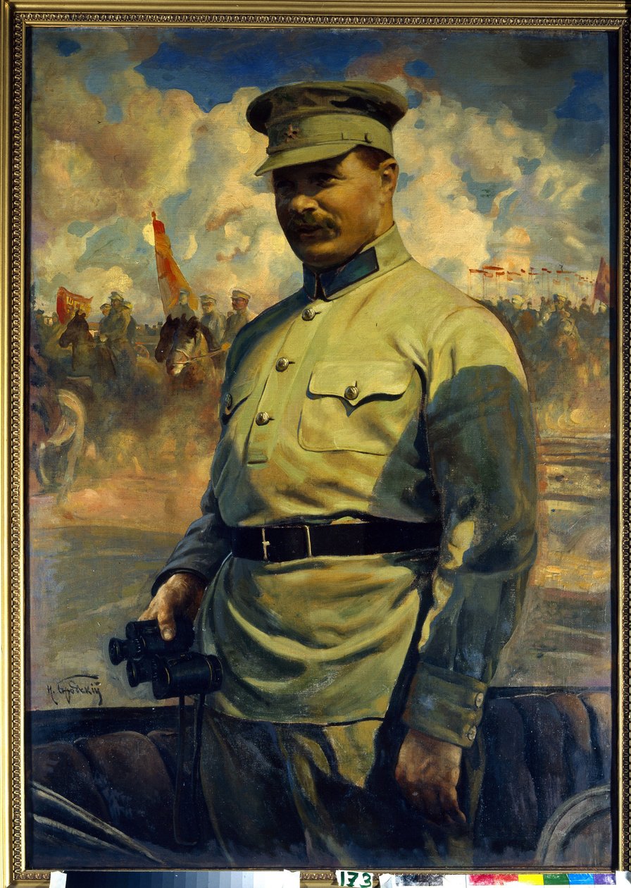 صورة للزعيم البلشفي ميخائيل فاسيليفيتش فرونزي (1885-1925). (صورة للزعيم البلشفي م.ف.فرونزي). لوحة إسحاق إزرائيلفيتش برودسكي (برودسكي) (1884-1939) ، زيت على قماش بواسطة اسحق اسرائيل برودسكي