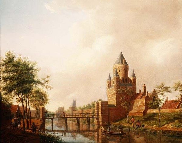 منظر لـ Kleine Houtpoort (بوابة صغيرة) في هارلم مع Grote Houtpoort (البوابة الكبرى) في الخلفية بواسطة إسحاق ووتر