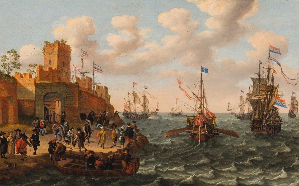 ثلاثة رؤساء هولنديين ومخزن بابوي مع شحن آخر على طول ساحل مدينة محصنة ، حوالي 1662 (زيت على لوح) بواسطة إسحاق ويليارتس