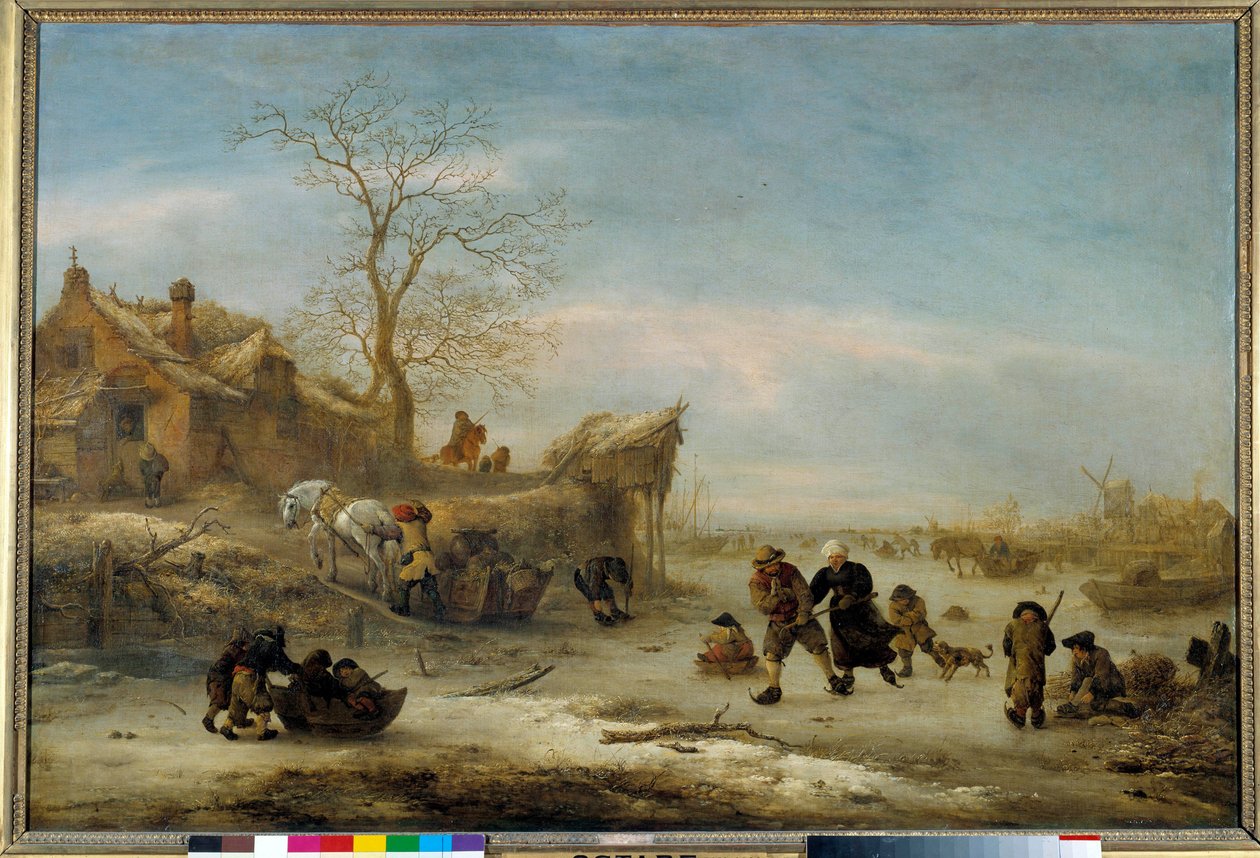 Canal gele with pair skating Painting by Isaak Van Ostade (1621-1649). 17th century Sun. 1x1.49 m بواسطة Isack van Ostade