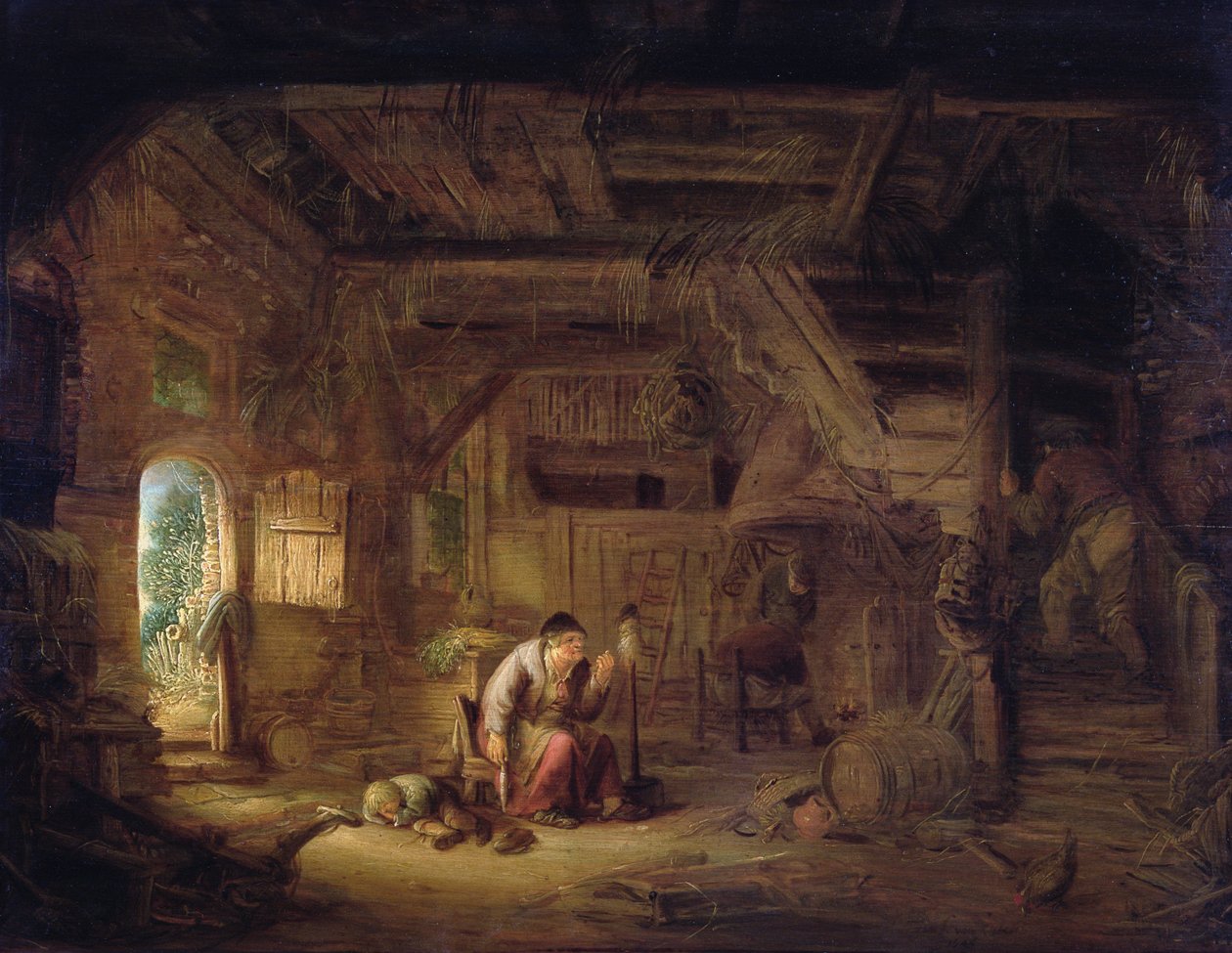 داخل حظيرة مع امرأة عجوز عند ديستاف (زيت على لوح) بواسطة Isack van Ostade