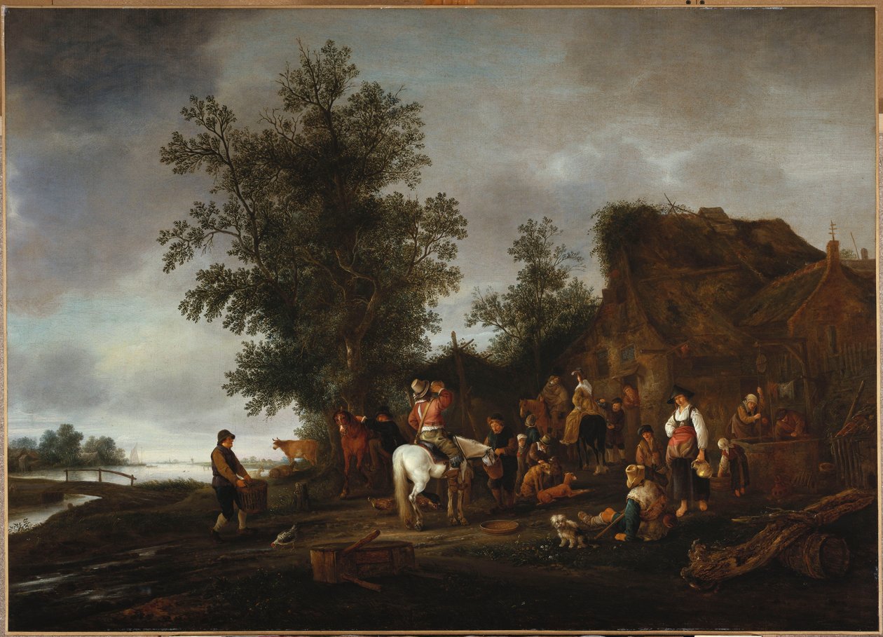 المسافرون ينعشون أنفسهم في حانة على ضفة النهر ، 1664 بواسطة Isack van Ostade