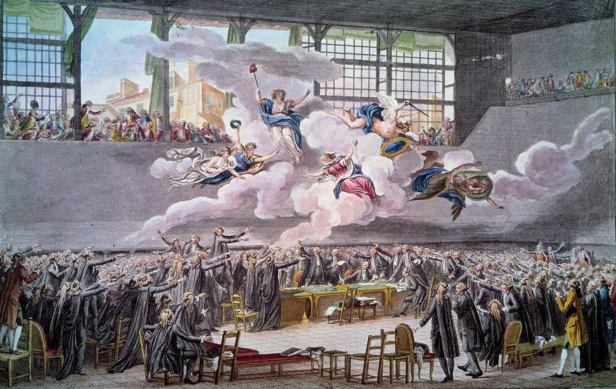الثورة الفرنسية: "" Le oath du jeu de Paume le 20 juin 1789 "يقسم النواب بعدم فصل أنفسهم حتى يتم تصحيح الدستور. نقش إيزيدور هيلمان (1743-1809) 1789 باريس ، ب. بواسطة إيزيدور ستانيسلاس هيلمان