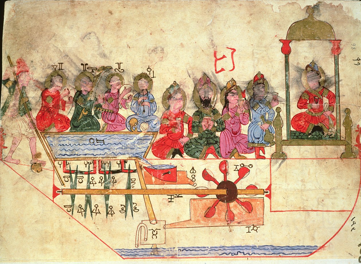قارب مع Automata ، رسم توضيحي من "كتاب المعرفة بالأجهزة الميكانيكية" للجزري ، 1206 بواسطة مدرسة إسلامية