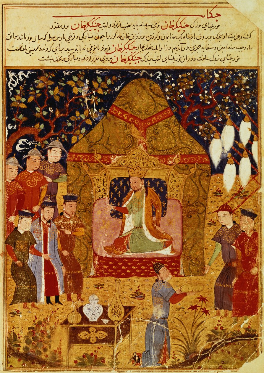 جنكيز خان في خيمته رشيد الدين (1247-1318) بواسطة مدرسة إسلامية
