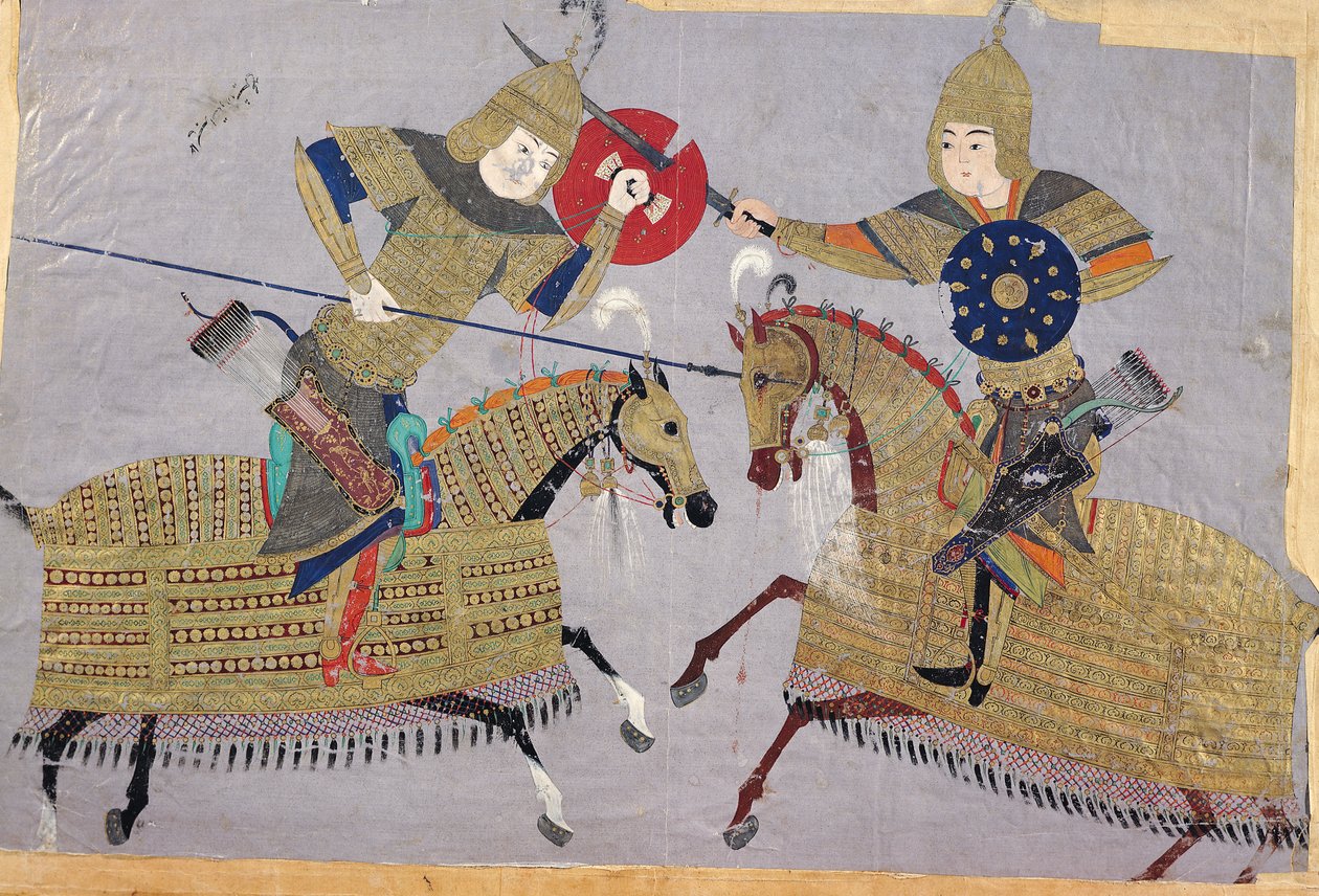 اثنين من المحاربين على ظهور الخيل في القتال ، مدرسة تبريز ، ج 1480 بواسطة مدرسة إسلامية