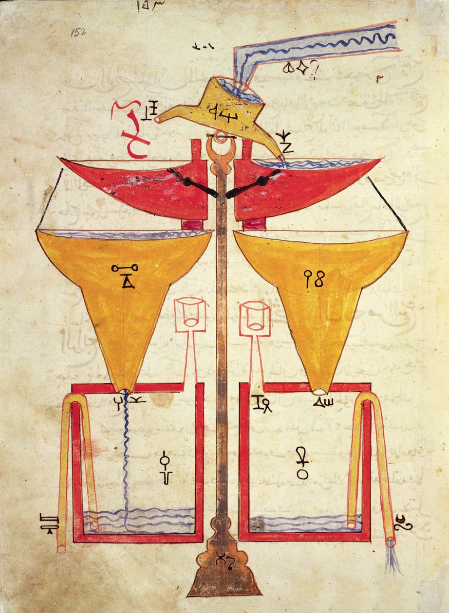 التوازن المائي ، من كتاب المعرفة بالأجهزة الميكانيكية البارعة للجزري ، 1206 بواسطة مدرسة إسلامية