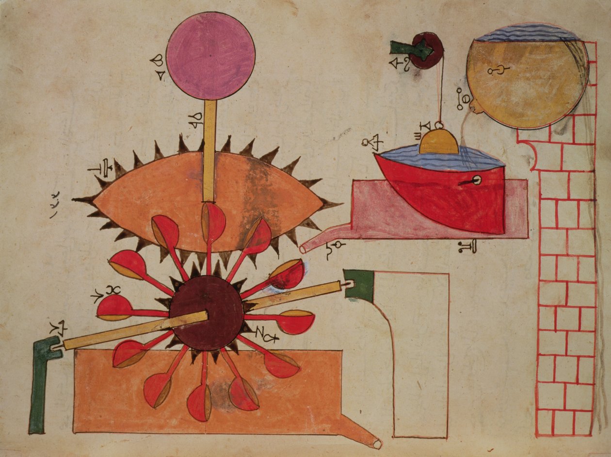 رسم تخطيطي لنظام ضخ المياه في الحوض ، من كتاب المعرفة بالأجهزة الميكانيكية البارعة للجزري ، 1206 بواسطة مدرسة إسلامية