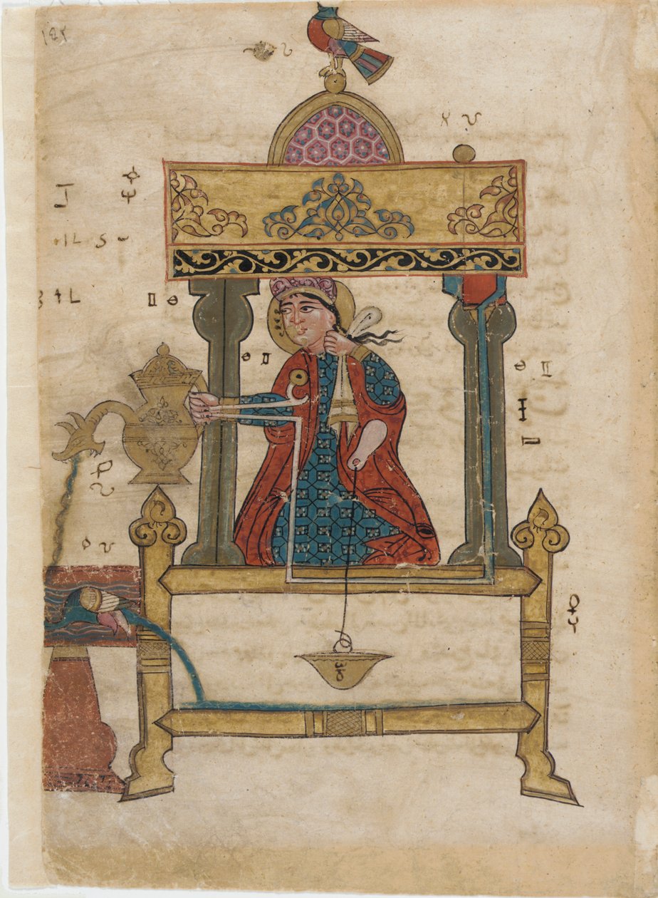 آلية غسل اليدين بآلية تدفق ، ورقة من كتاب الأجهزة الميكانيكية البارعة ؛ الجزري ، 1315 (مرحاض غير شفاف ، حبر وذهب على ورق) بواسطة مدرسة إسلامية