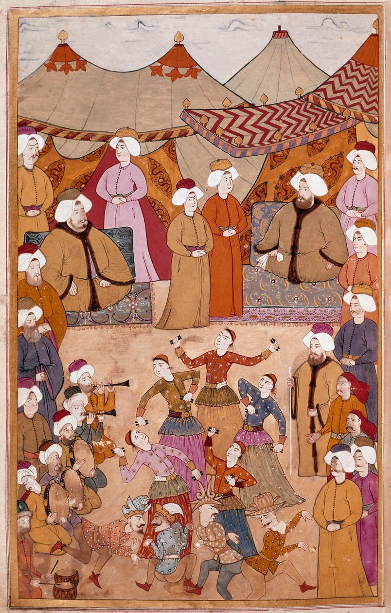 الفن الإسلامي: "" الرقص من أجل متعة السلطان أحمد الثالث (1673-1736) "" جواش على ورق ليفني من "" Surnama "(اللقب الأول) وهبي) لأول مرة في القرن الثامن عشر متحف توبكابي سراي ، اسطنبول بواسطة مدرسة إسلامية