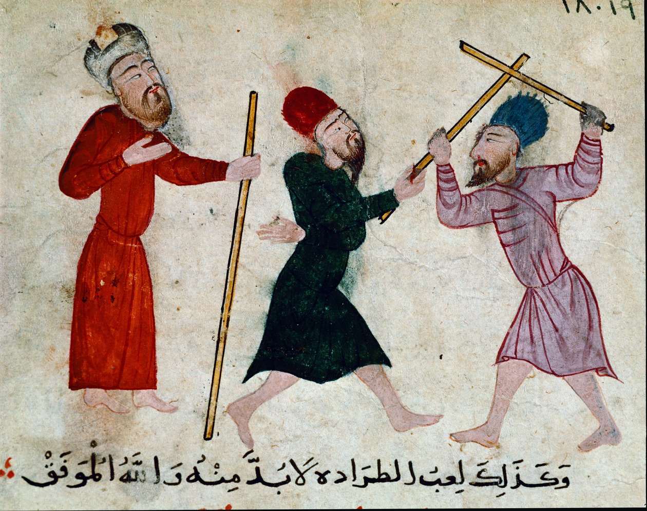 الفن الإسلامي: رسم على رق من العصر الفاطمي (القرن 10-11) - لعبة العصي - الرسم على ورق البردي - القاهرة ، متحف الفن الإسلامي بواسطة مدرسة إسلامية