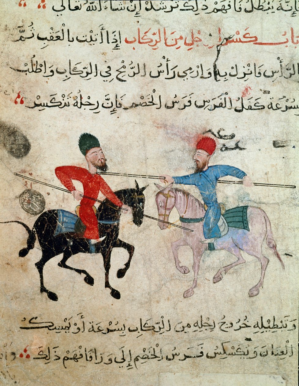 الفن الإسلامي: الرسم على الرق من الفترة الفاطمية (القرن 10-11) - مشهد مبارزة بين فارسين - الرسم على ورق البردي - القاهرة ، متحف الفن الإسلامي بواسطة مدرسة إسلامية