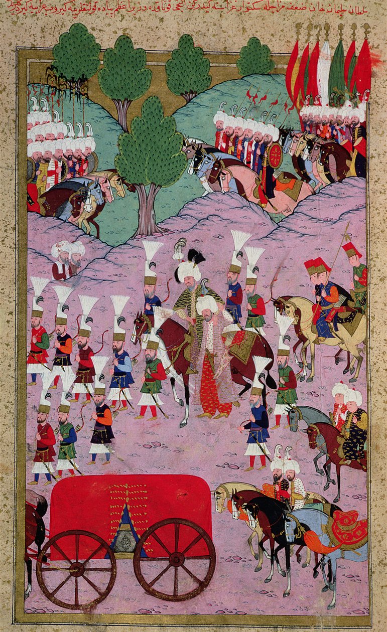 TSM H.1524 "Hunername": جيش سليمان العظيم (1494-1566) يغادر إلى أوروبا ، من "كتاب التميز" بقلم Lokman ، 1588 بواسطة مدرسة إسلامية