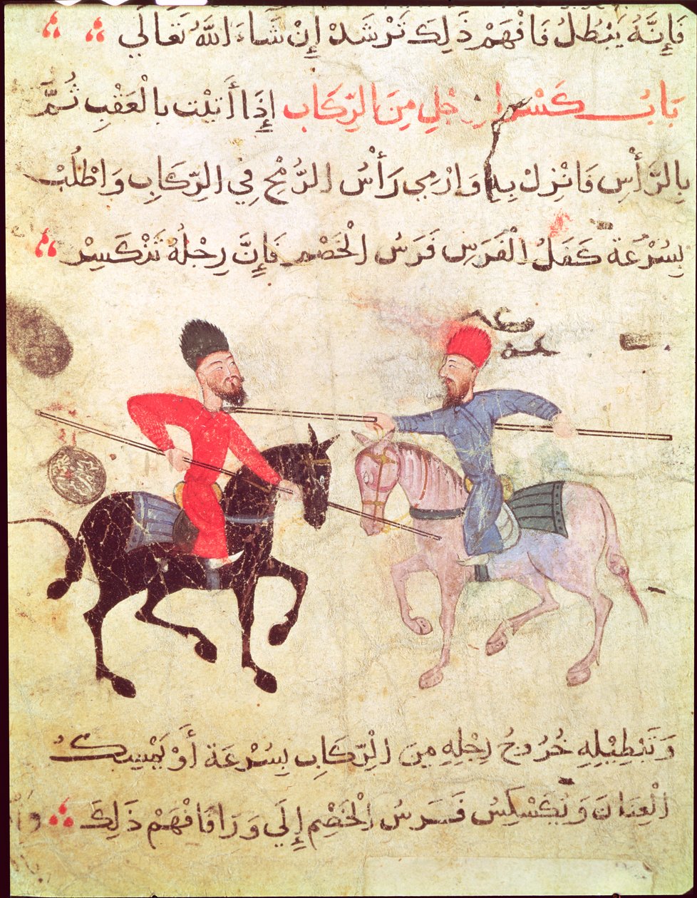 رجلان يتنافسان على ظهور الخيل من القاهرة القديمة (الفسطاط) بواسطة مدرسة إسلامية