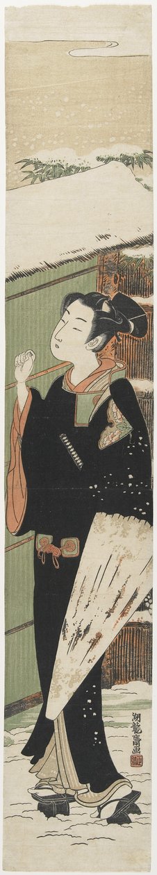 شاب عند بوابة كتقليد من النسخة النسائية من شجرة الكابوكي في شجرة محفوظ بوعاء ، 1770-1775 بواسطة إيسودا كوريوساي