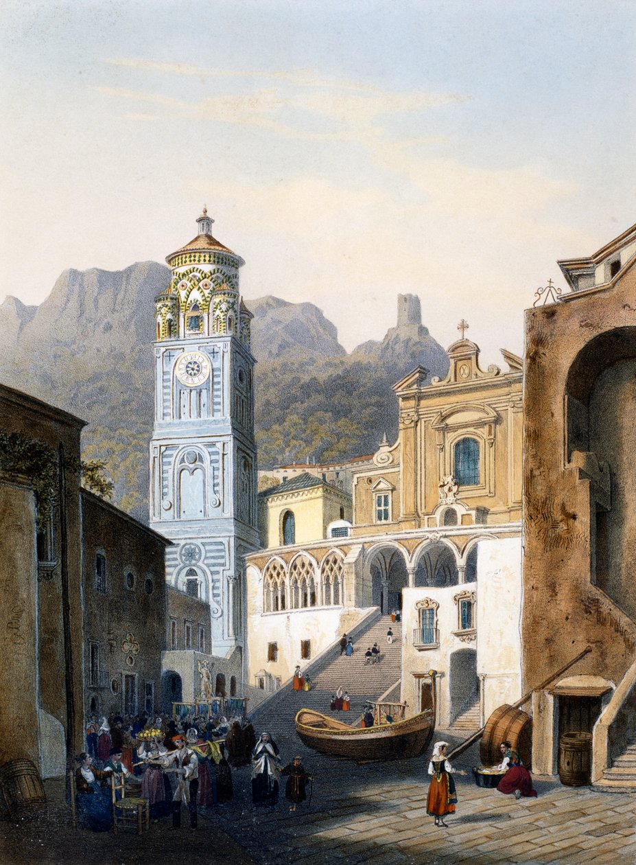 Cathedral of Amalfi with old facade (colour litho) بواسطة ايزودور لوران ديروي