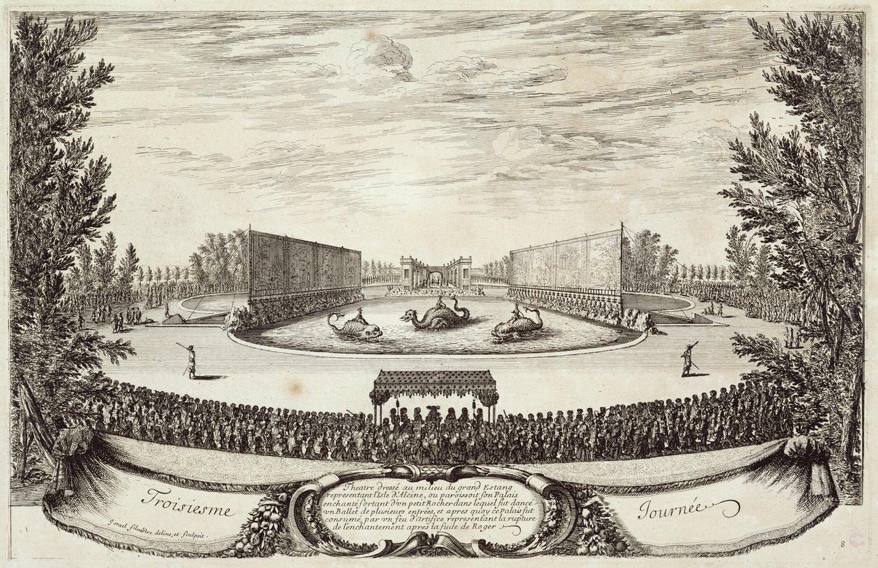 مسرح على البركة الكبيرة التي تمثل جزيرة ألسين ، اليوم الثالث من "Les Plaisirs de l&39;Ile Enchantee" ، 9 مايو 1664 بواسطة إسرائيل سيلفستر الأصغر