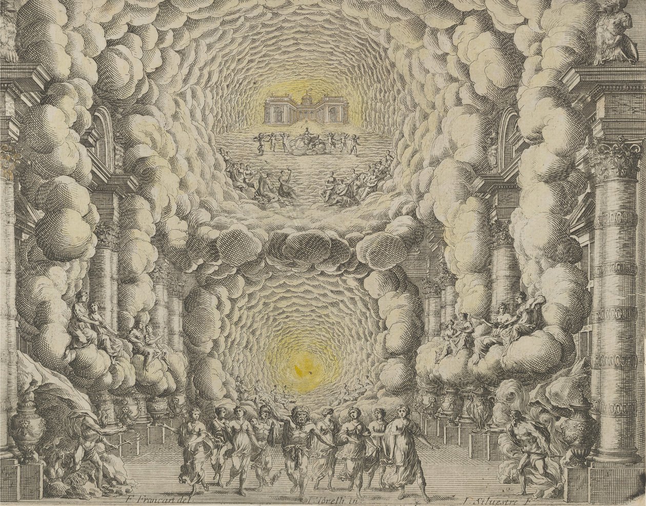 تصميم لمجموعة المسرح التي أنشأها جياكومو توريلي دا فانو لباليه 'Les Noces de ... ، 1654 بواسطة إسرائيل سيلفستر