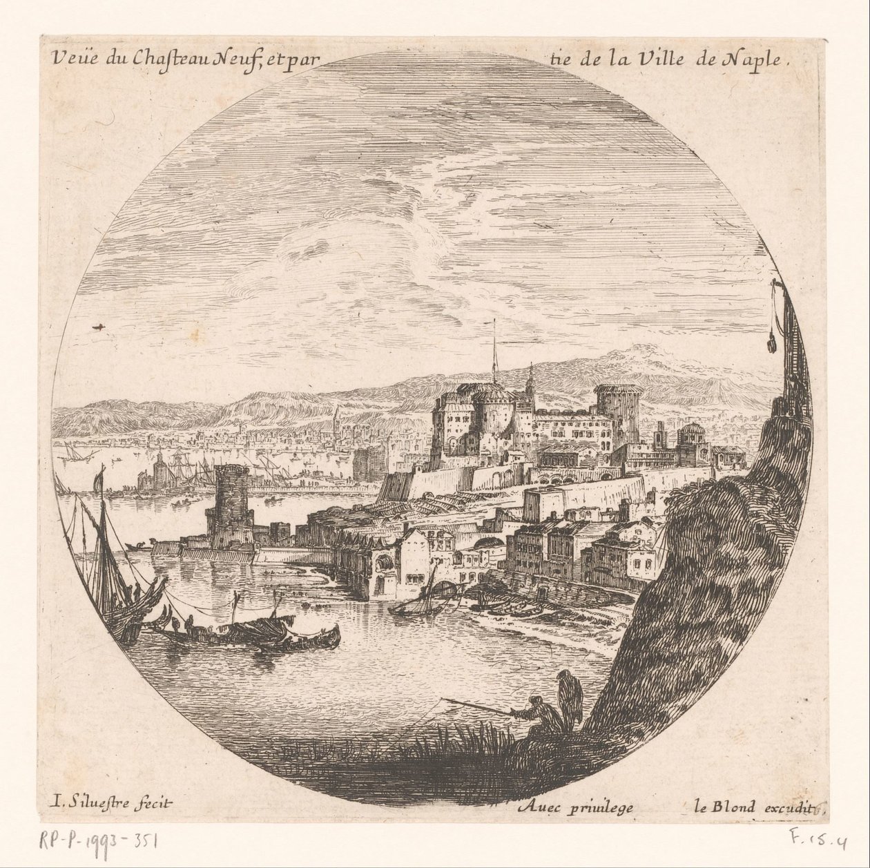 منظر لـ Castel Nuovo Veue du Chasteau neuf et partie de la Ville de Naple (العنوان على الكائن) مناظر مختلفة للموانئ البحرية (عنوان السلسلة) Divers veues de Ports de mer (عنوان السلسلة) بواسطة إسرائيل سيلفستر