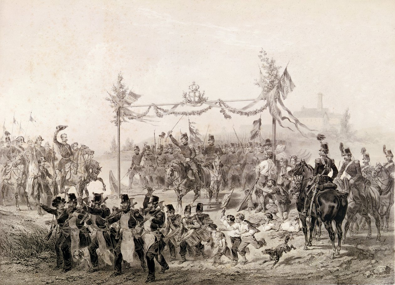 تشارلز ألبرت الأول (1798-1849) أمير كارينيان المسؤول عن جيش بييمونتي يعبر تيسين بواسطة المدرسة الايطالية