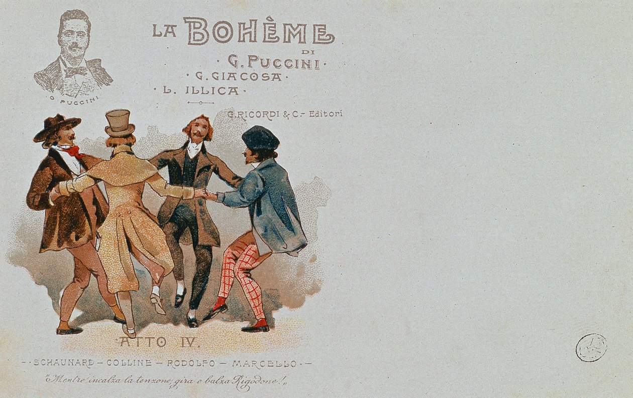 بطاقة بريدية تذكارية لأوبرا لا بوهيم ، بقلم جياكومو بوتشيني (1858-1924) بواسطة المدرسة الايطالية