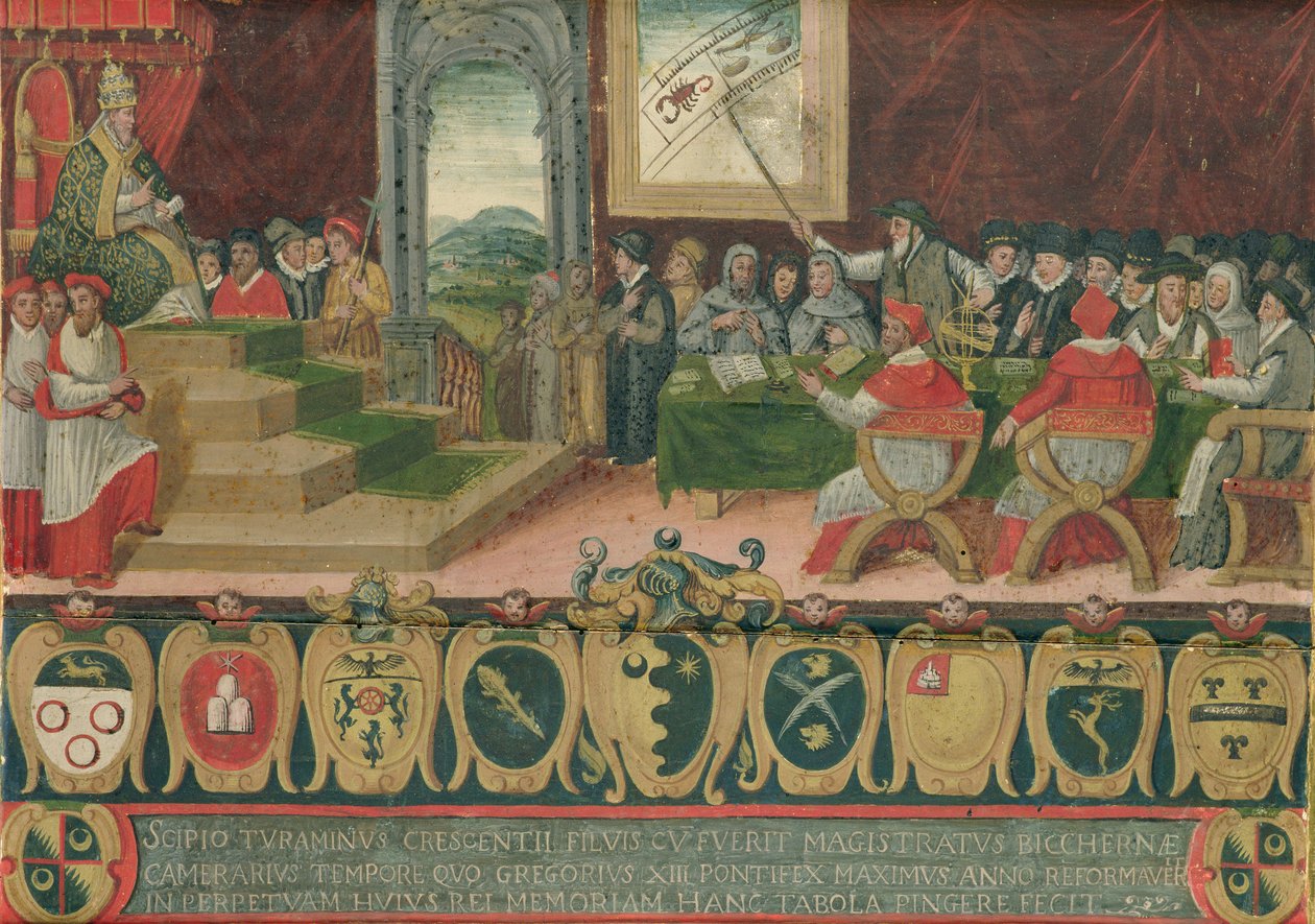 مناقشة إصلاح التقويم تحت البابا غريغوري الثالث عشر (1502-85) الذي استبدل بالتقويم الميلادي ، روما ، 15 أكتوبر 1582 (انظر أيضًا 102626) بواسطة المدرسة الايطالية